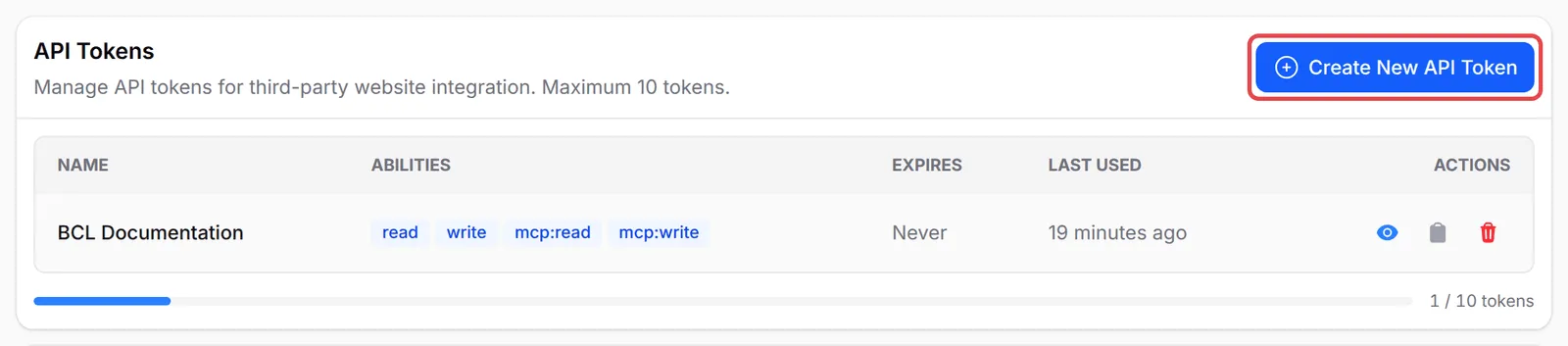 The API Tokens section with the Create New API Token button highlighted