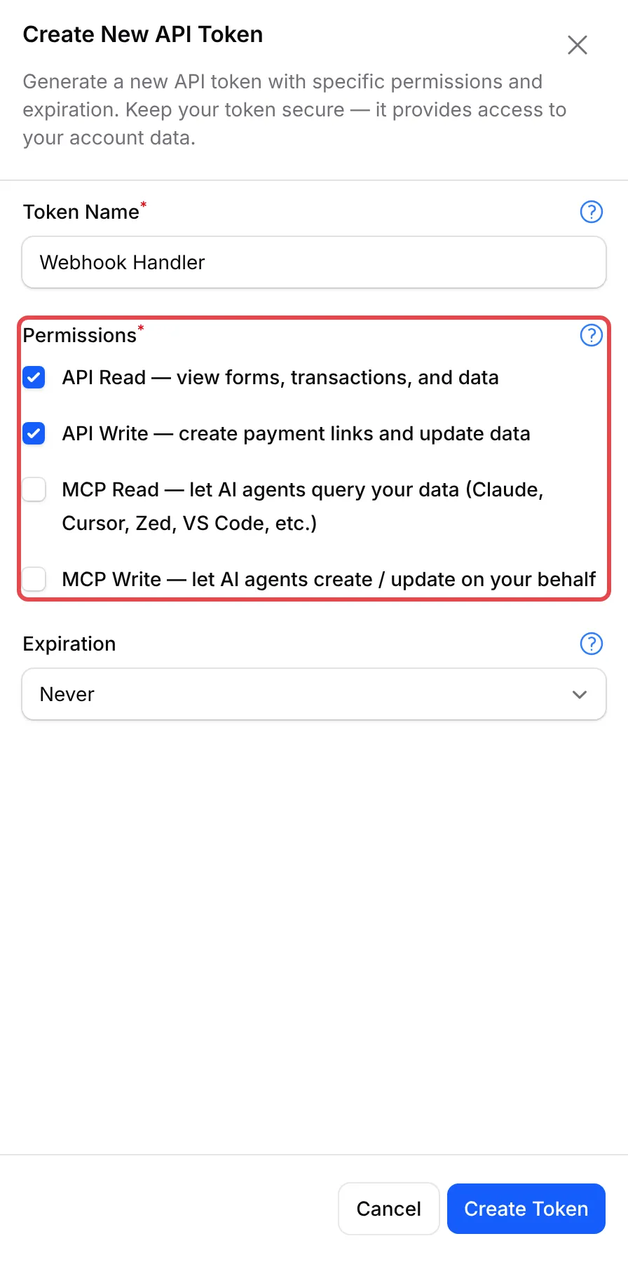 The Create New API Token panel with Token Name, the Permissions list highlighted, and Expiration