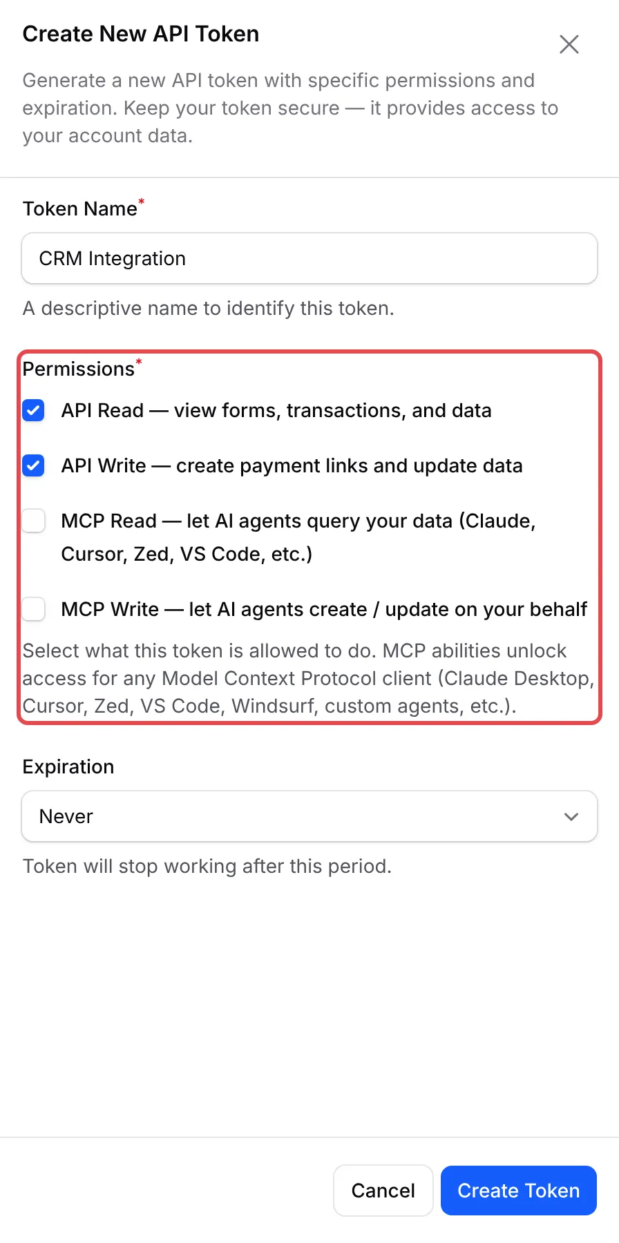 Create New API Token面板，有Token Name、已标示的Permissions列表和Expiration