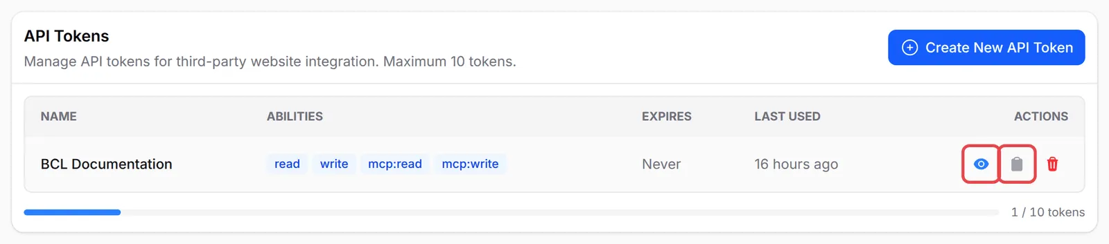 API Tokens列表，已标示一个token那一行的View token和Copy token图标