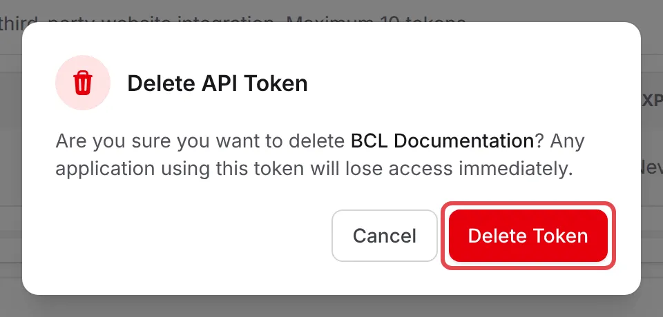 The Delete API Token confirmation with the Delete Token button highlighted