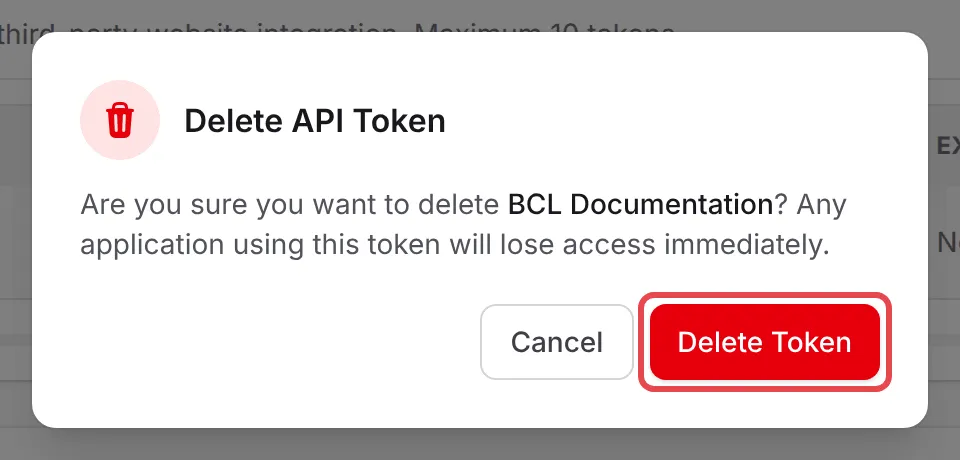 Delete API Token确认框，已标示Delete Token按钮