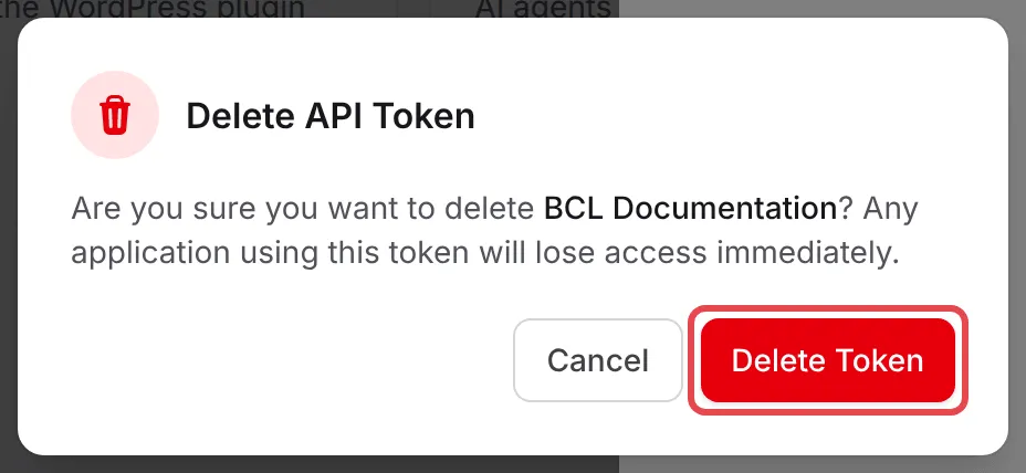 The Delete API Token confirmation with the Delete Token button highlighted