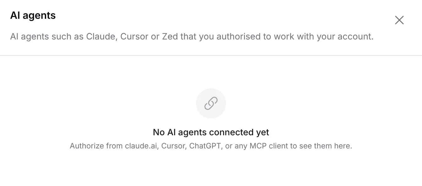 The AI agents panel with no AI agents connected yet