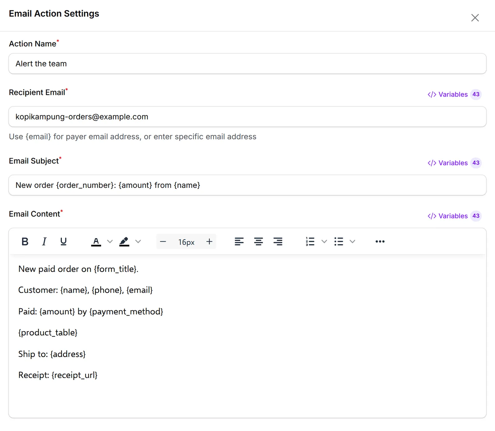 Email Action Settings with Action Name, Recipient Email, Email Subject and Email Content filled in
