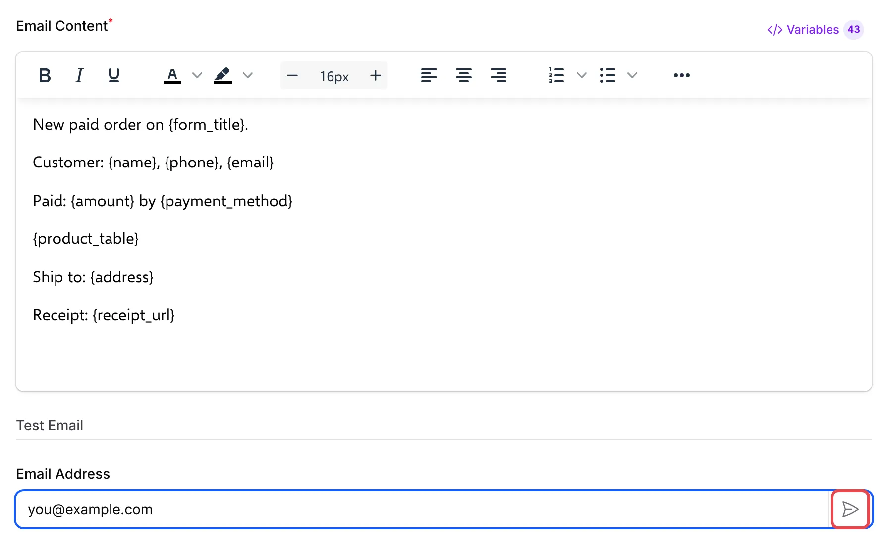 The Test Email box at the bottom of Email Action Settings, with an address typed in and the send icon highlighted