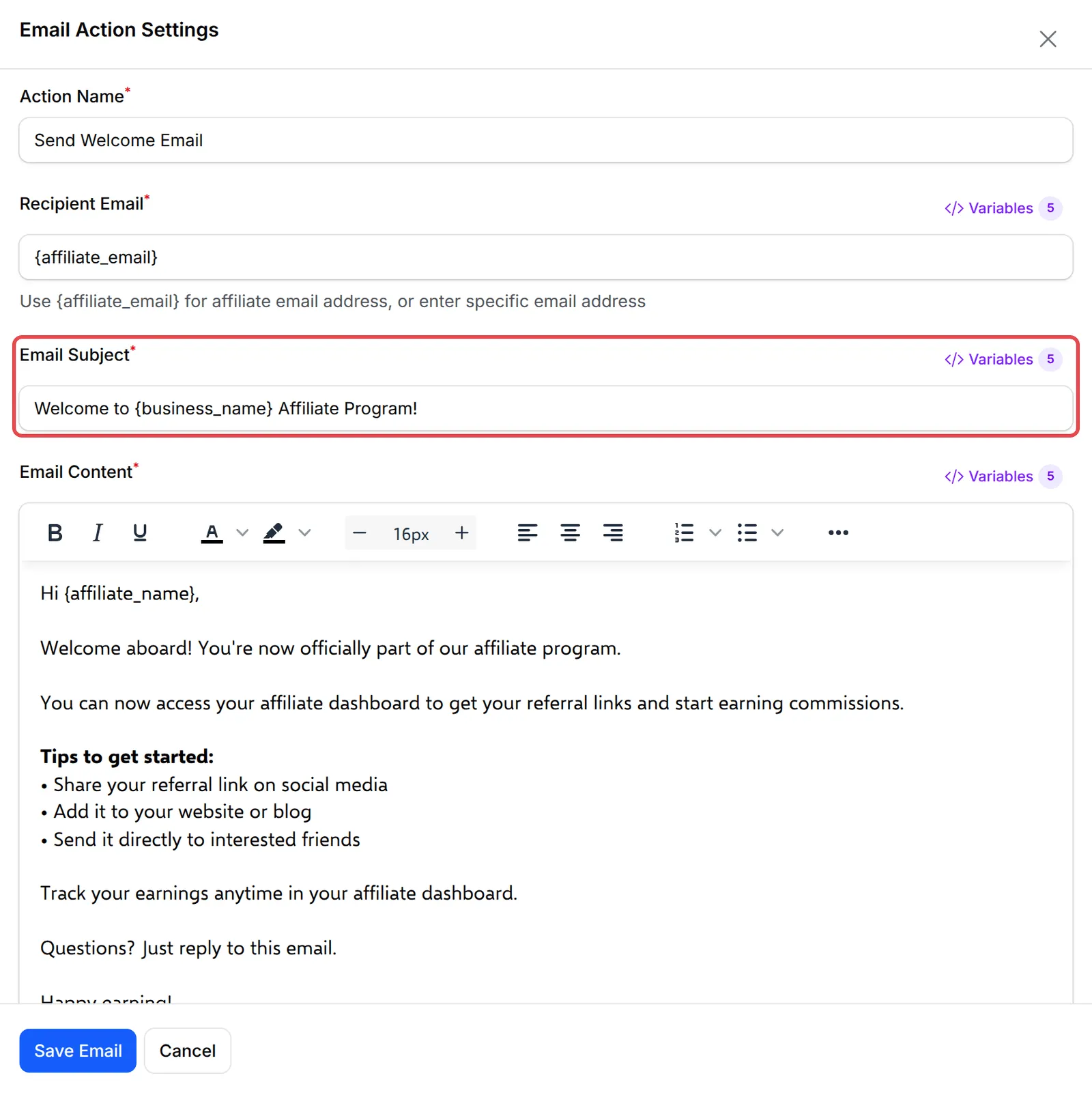 Email Action Settings of Send Welcome Email with the template’s subject and message