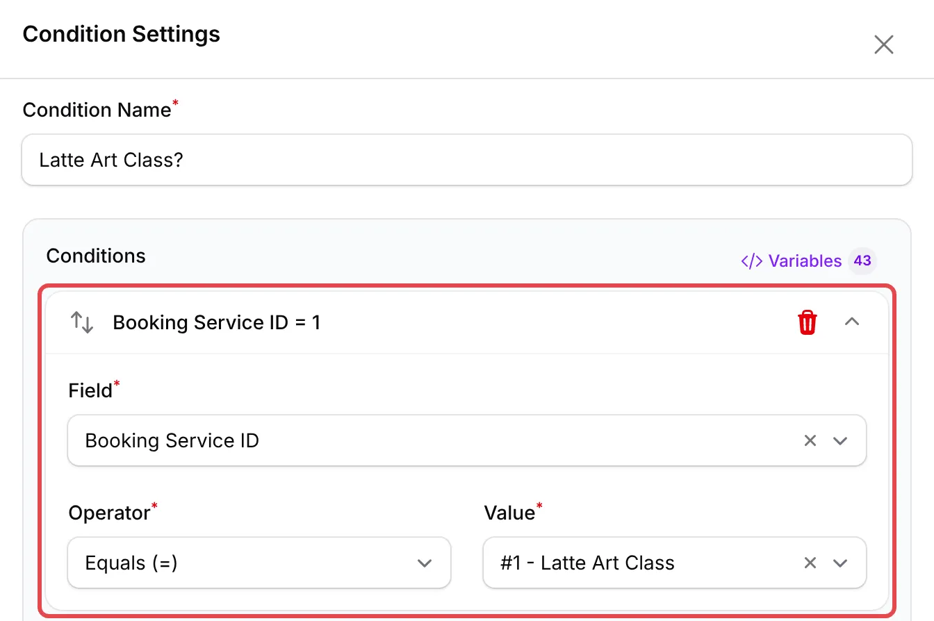 Condition Settings with Booking Service ID equals Latte Art Class