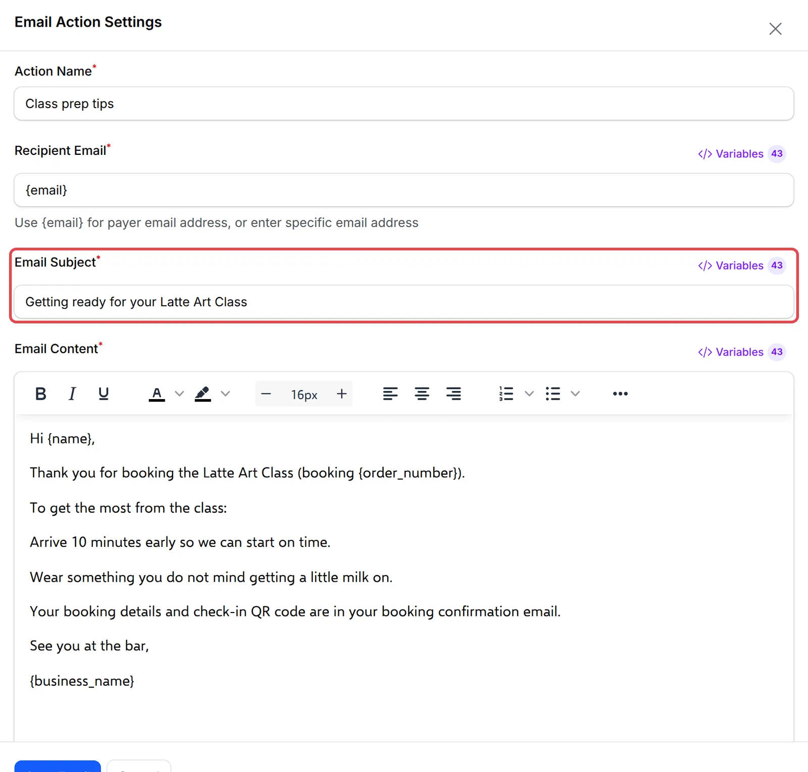 Email Action Settings with the class preparation tips
