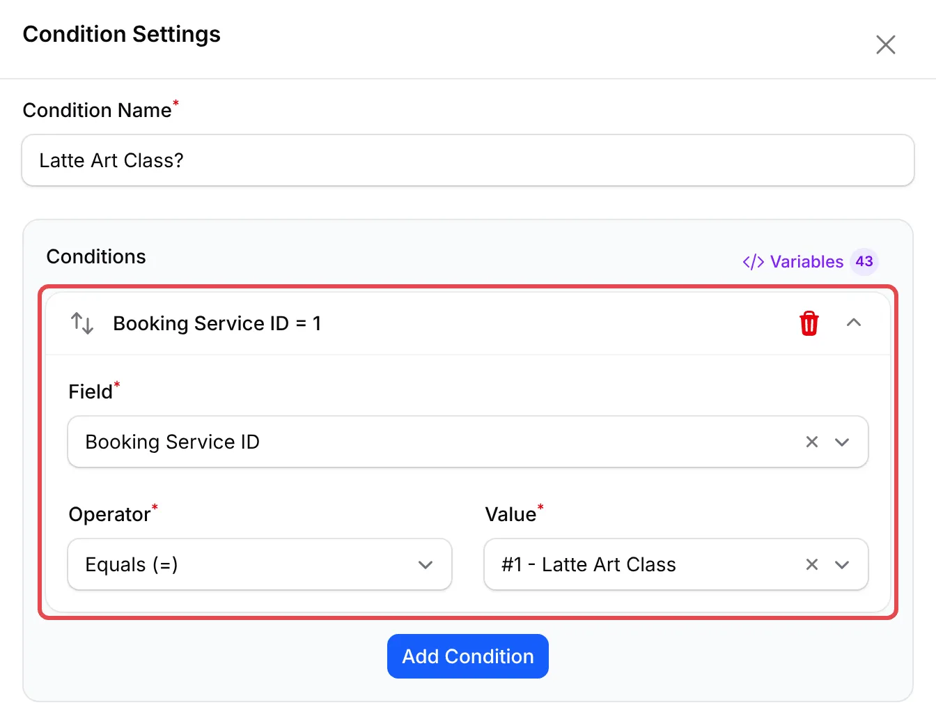 Condition Settings with one rule: Booking Service ID, Equals (=), Latte Art Class