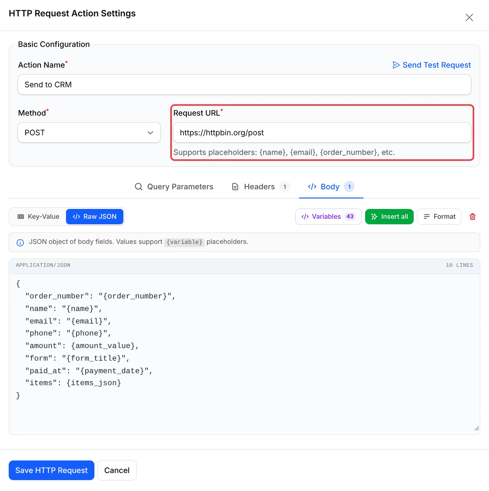 HTTP Request Action Settings with POST, the Request URL and the JSON body