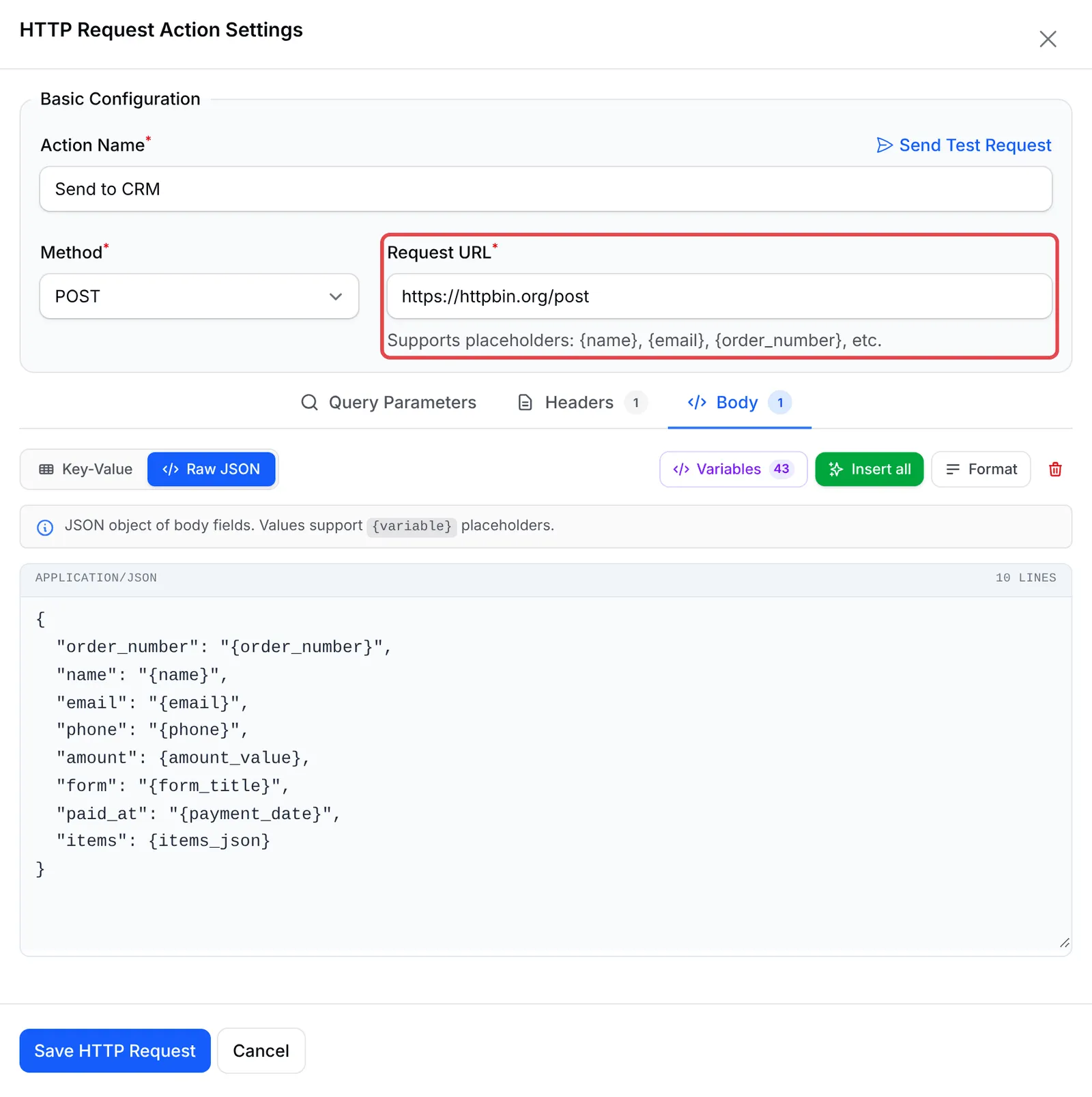 HTTP Request的Action Settings，显示POST、Request URL和JSON body