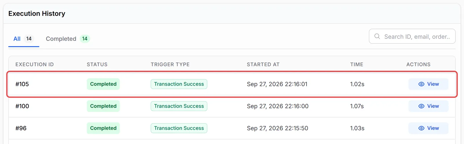 Execution History with a completed run of Send to CRM highlighted