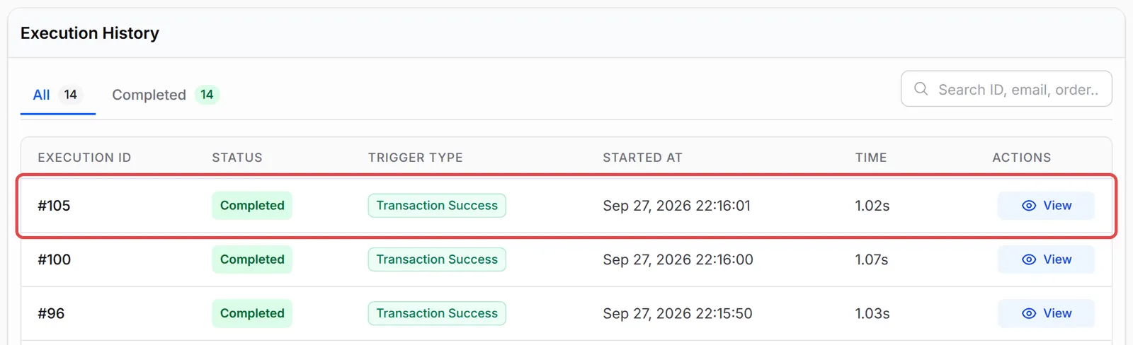 Execution History，Send to CRM的一次完成运行已标示