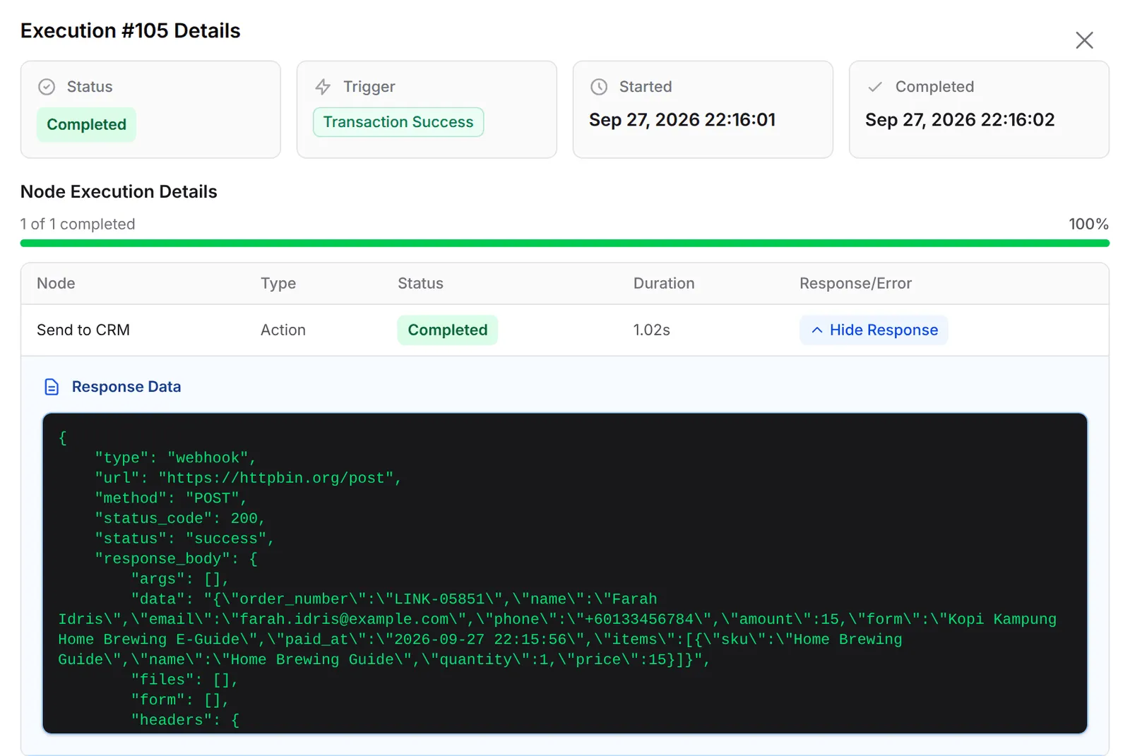 Execution details with the response data and status code 200