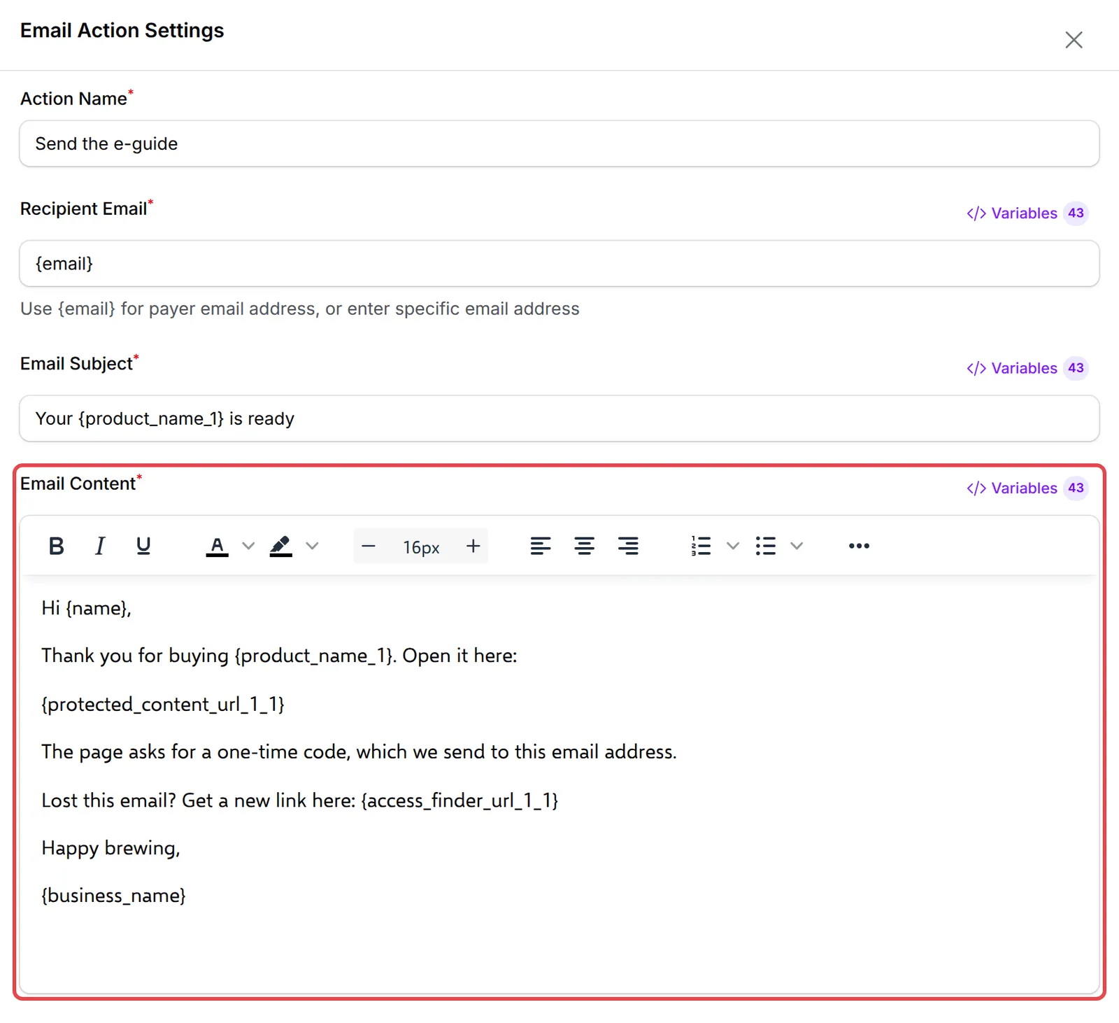Email Action Settings with the protected content variables in Email Content
