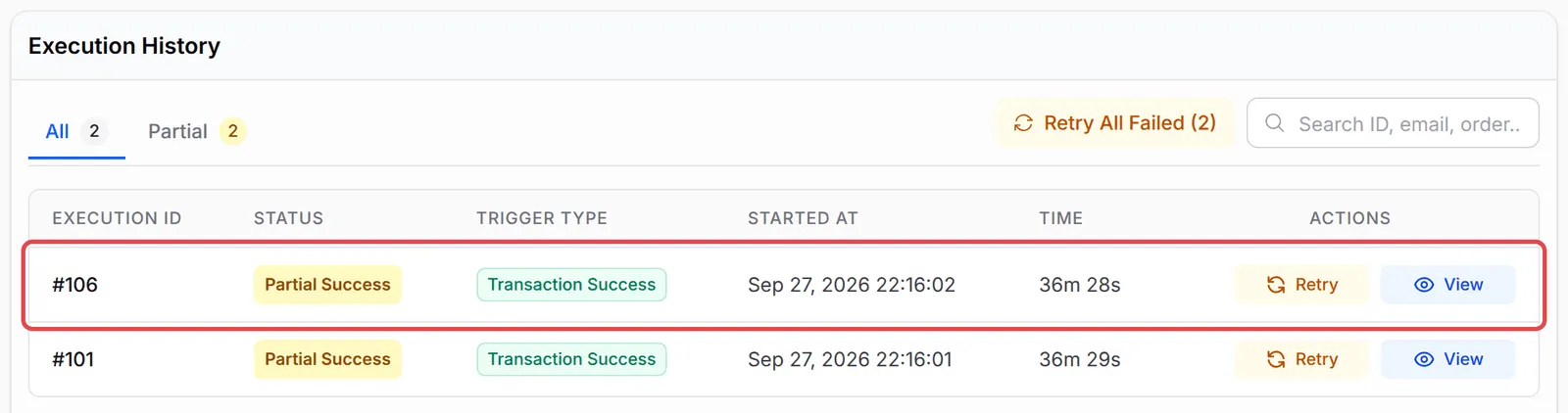Execution History with the run for the test purchase highlighted