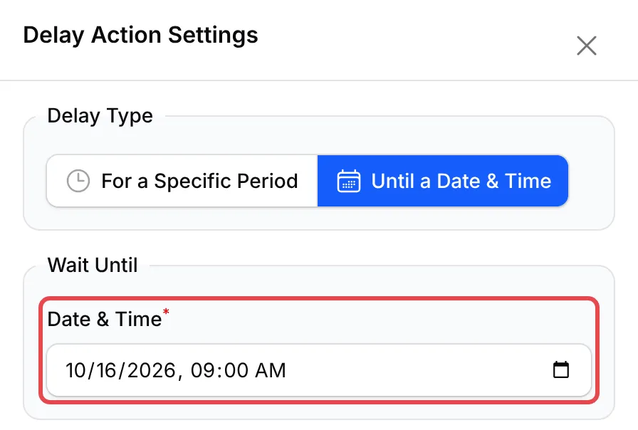 Delay Action Settings,有Until a Date & Time和Date & Time栏位