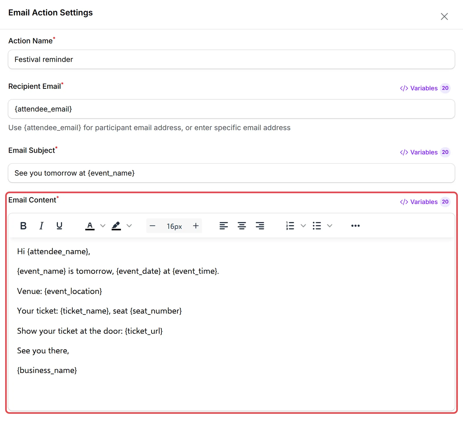 Email Action Settings with the festival reminder text