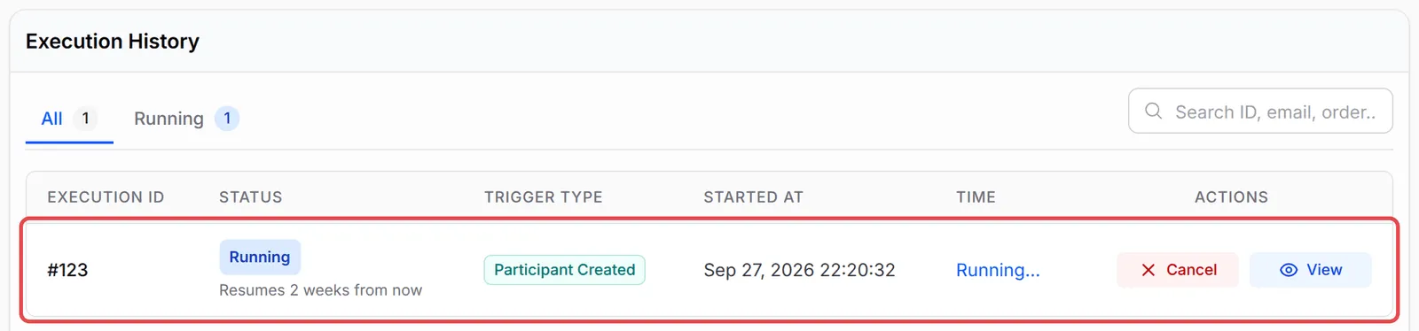 Execution History with the waiting run of the new participant highlighted