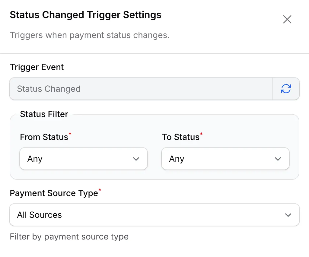 Status Changed的Trigger Settings,有From Status、To Status和Payment Source Type