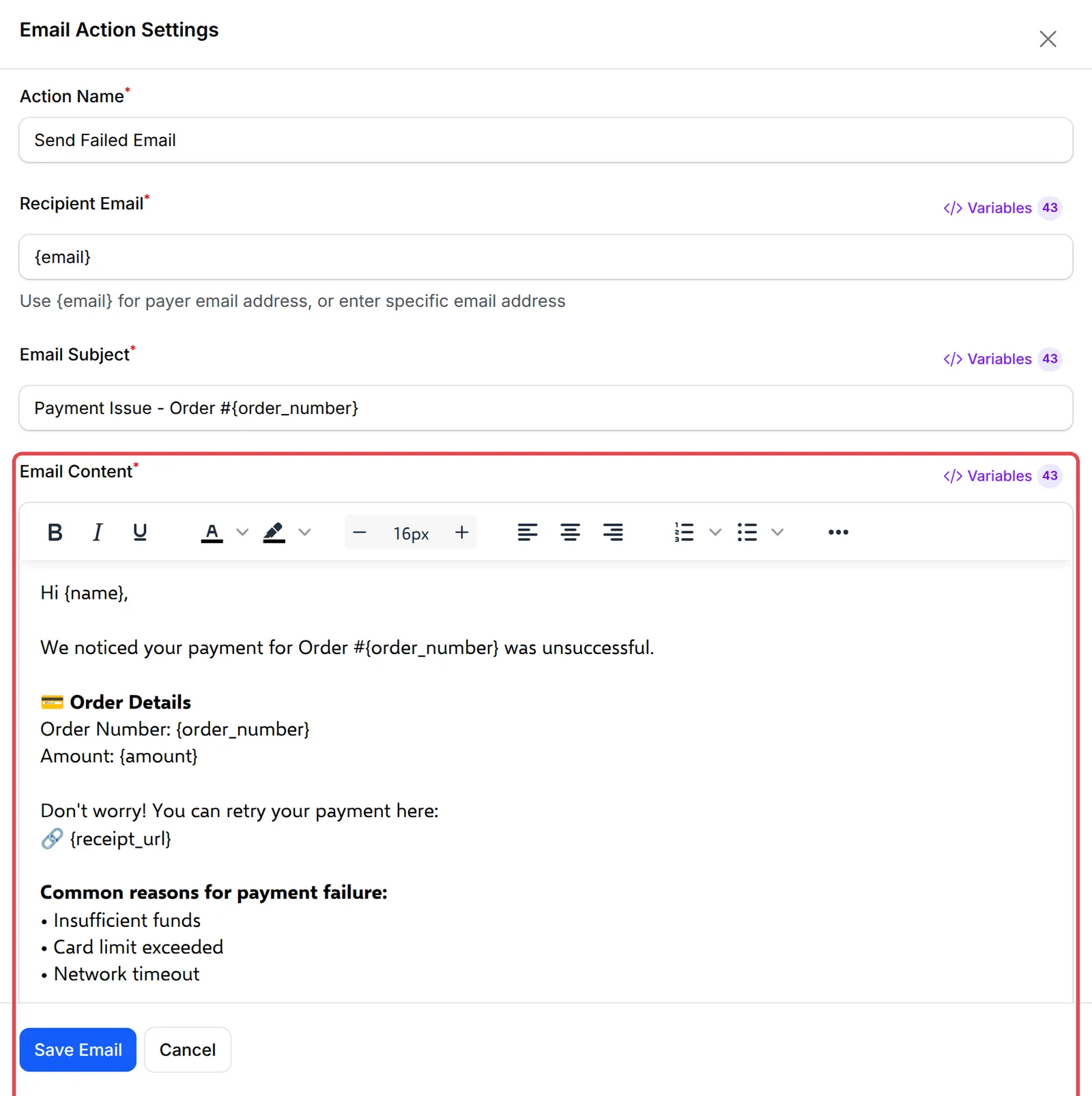 Email Action Settings of Send Failed Email with the template text