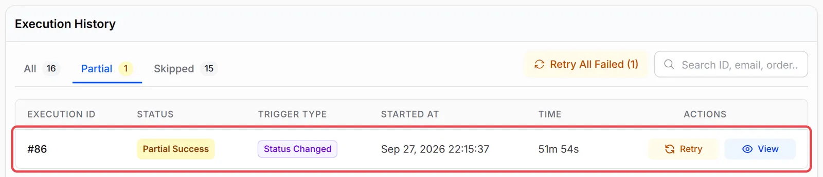 Execution History with the run for the failed test payment highlighted