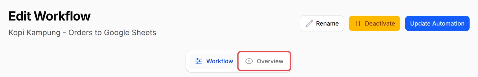 The Overview tab next to Workflow at the top of an automation