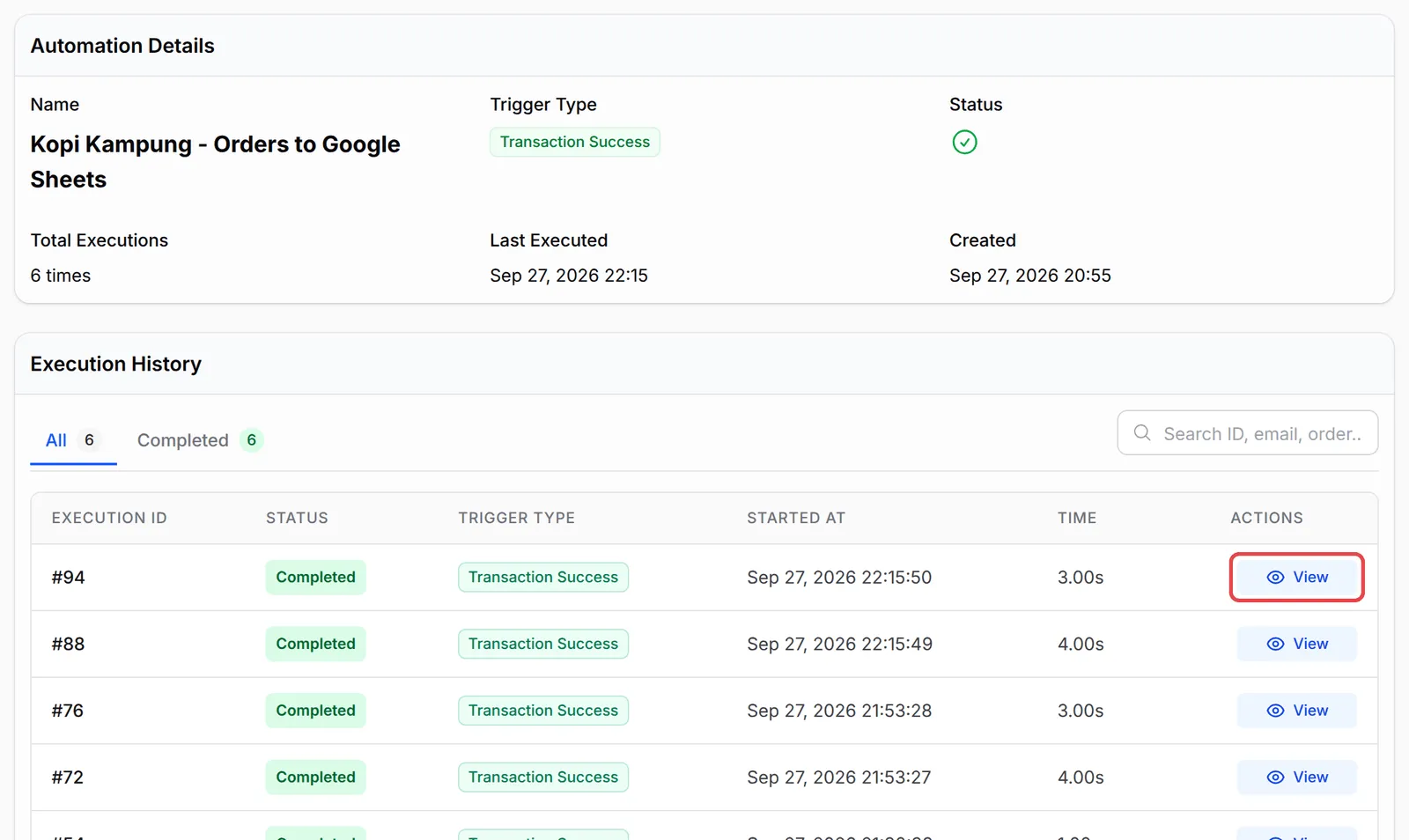 Automation Details and the Execution History list with the View button highlighted