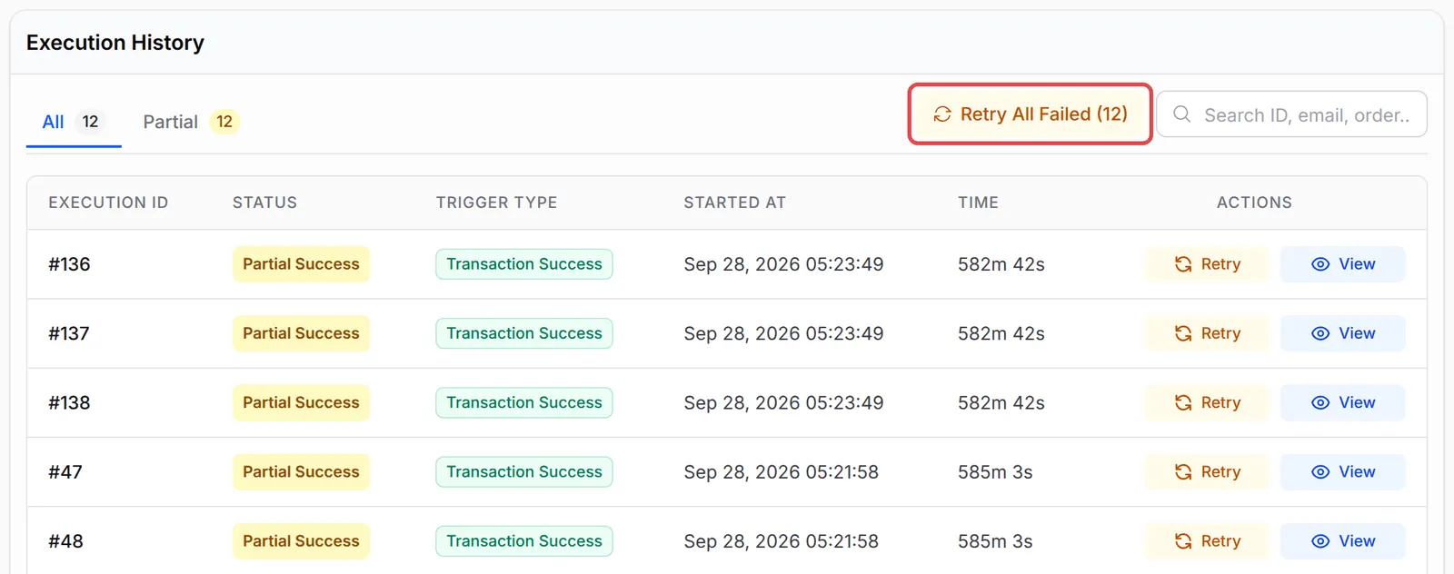 自动化的Execution History，Retry All Failed按钮已标示