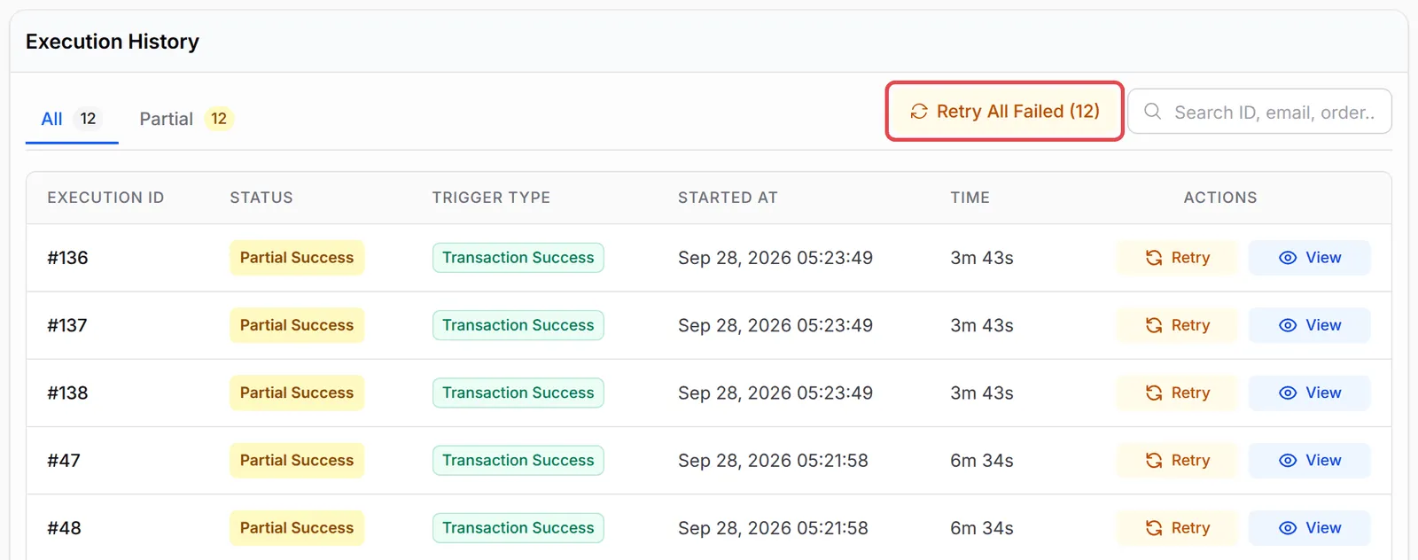 The Execution History of an automation with the Retry All Failed button highlighted