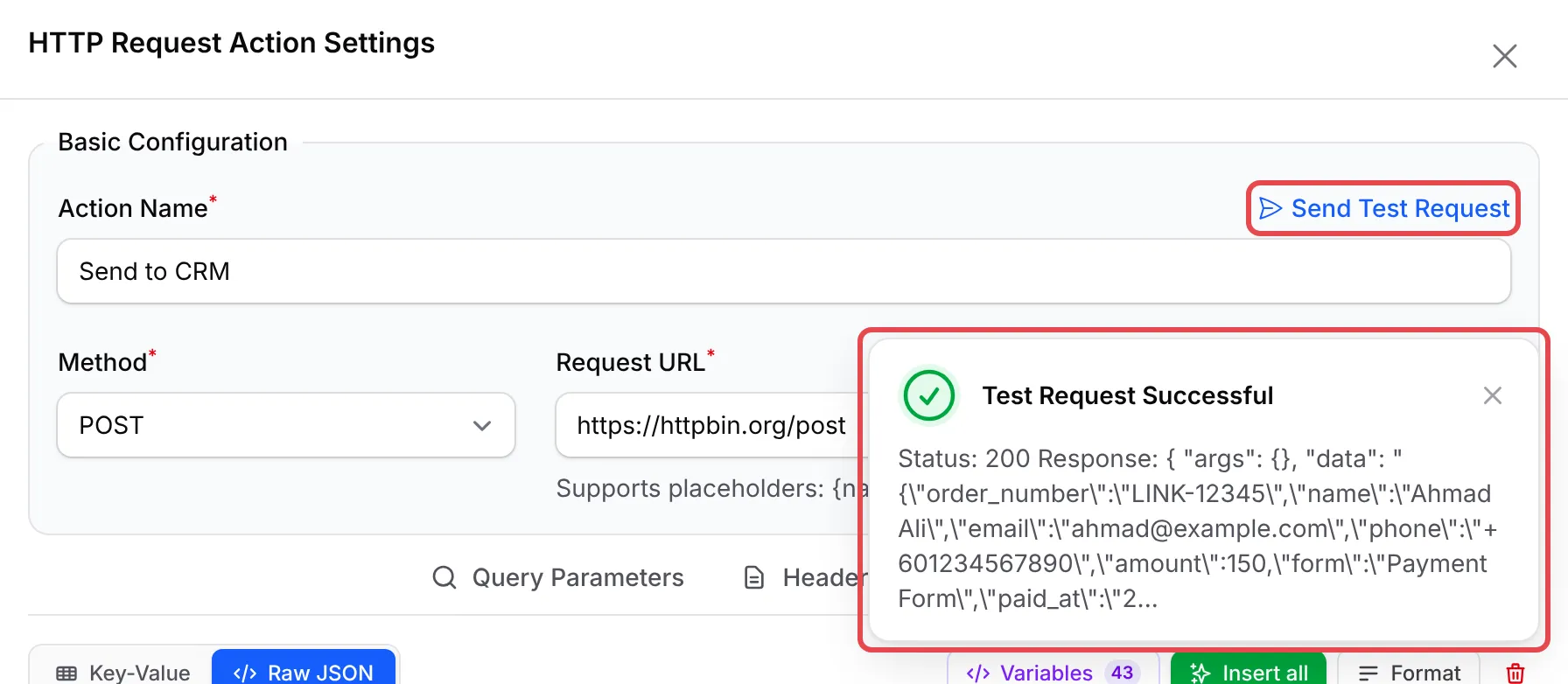 HTTP Request Action Settings with Send Test Request highlighted and a green Test Request Successful notice showing Status 200 and the start of the reply with the sample order LINK-12345