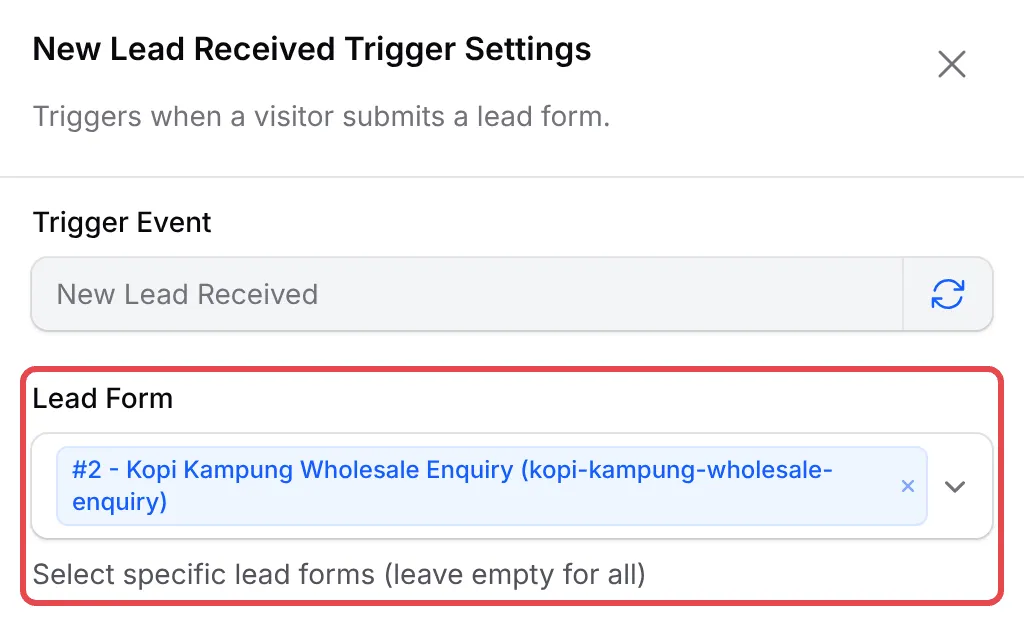 New Lead Received Trigger Settings with Kopi Kampung Wholesale Enquiry in Lead Form