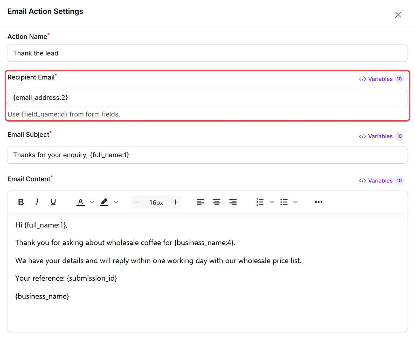 Email Action Settings with the lead’s email field in Recipient Email