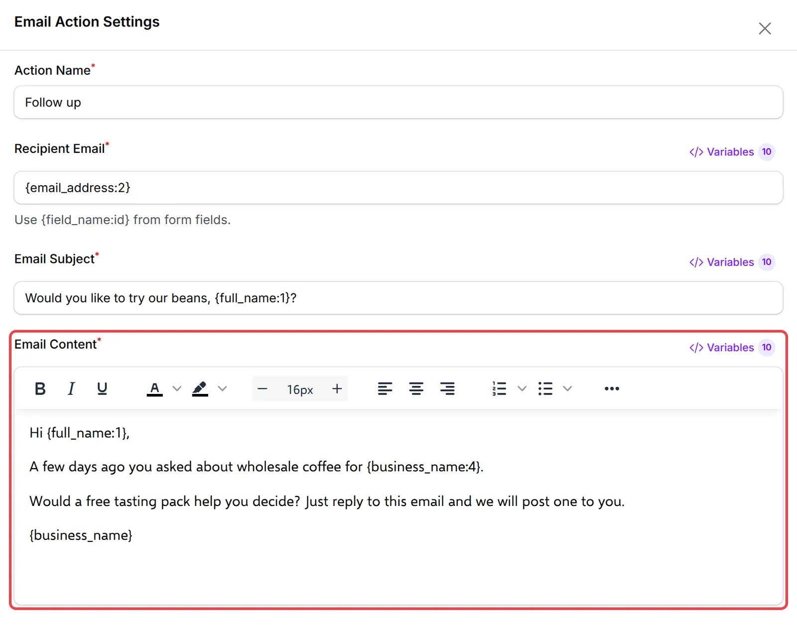 Email Action Settings of the follow-up email