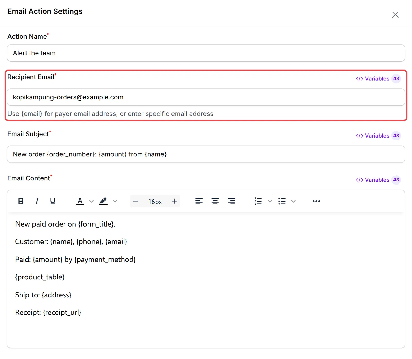 Email Action Settings with the team’s address in Recipient Email and the alert text