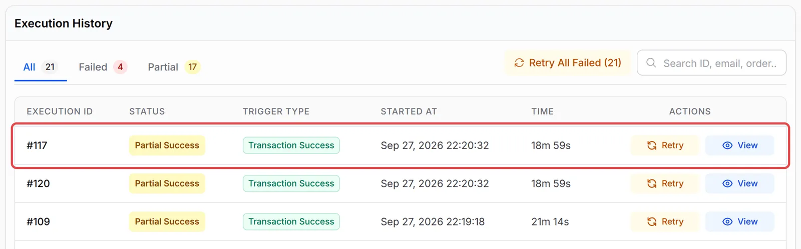 Execution History with the latest run of the team alert highlighted