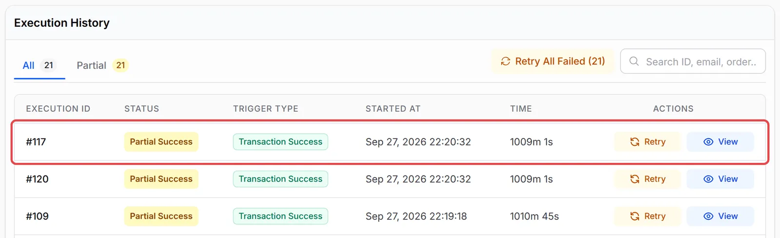 Execution History，团队通知的最新运行已标示