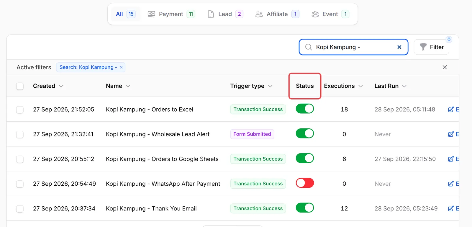 Automations列表，Status列已标示