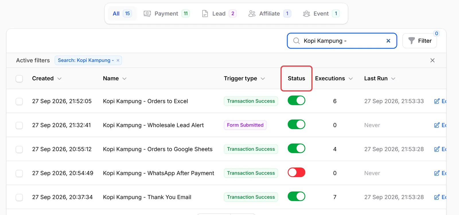 The Automations list with the Status column highlighted