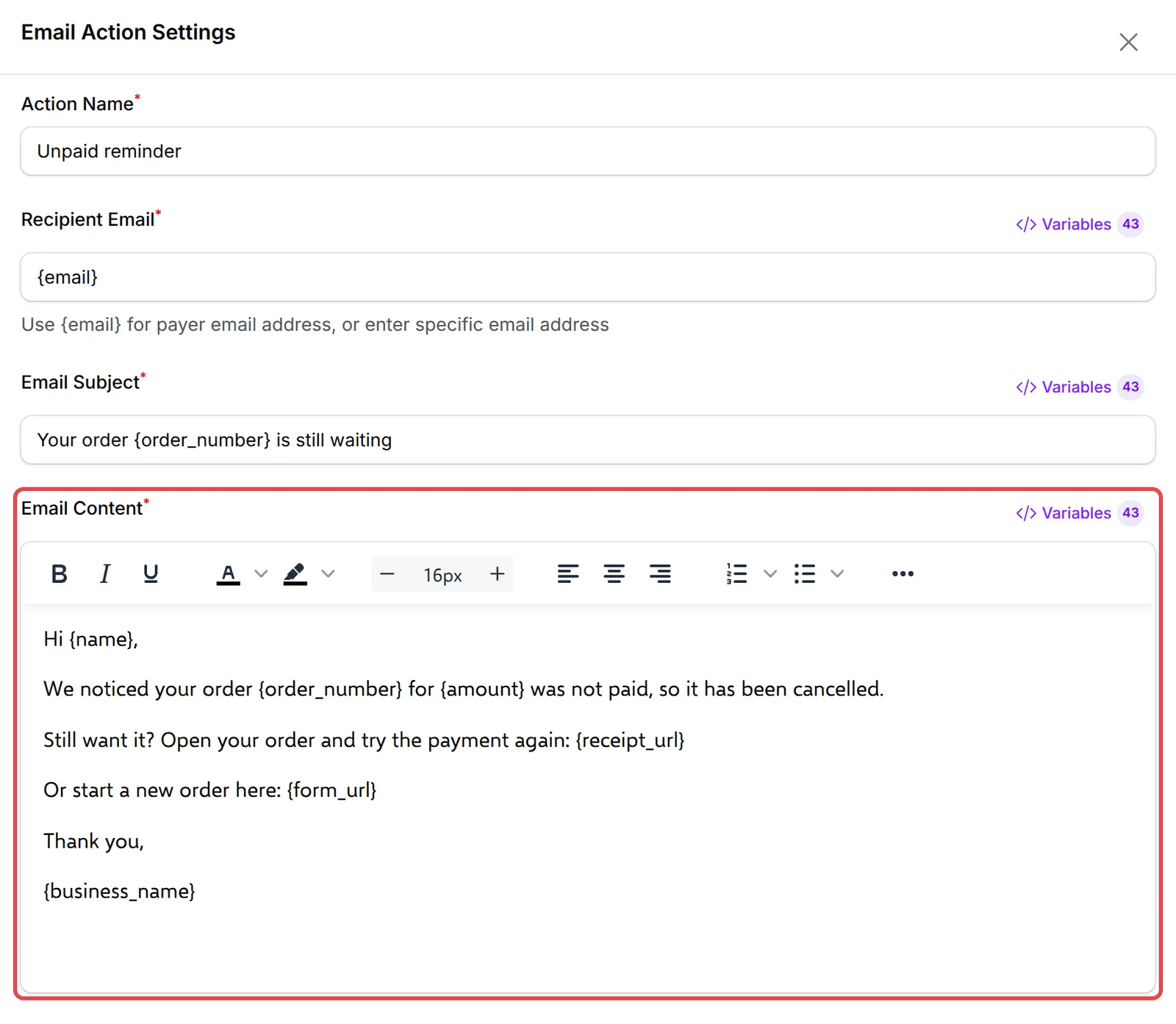 Email Action Settings with the unpaid reminder text