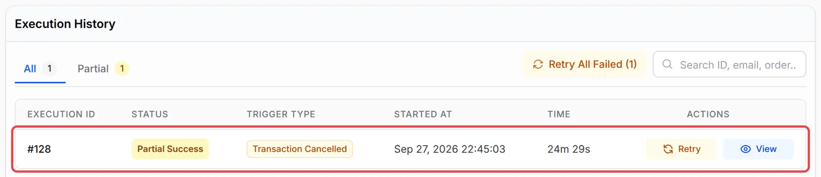 Execution History with the run for the cancelled test order highlighted