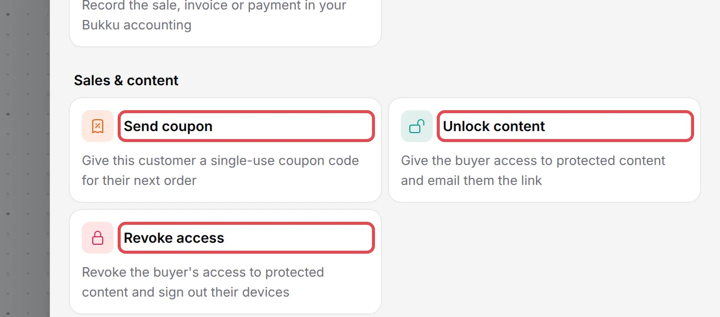The Add Node menu with Send coupon, Unlock content and Revoke access under Sales & content