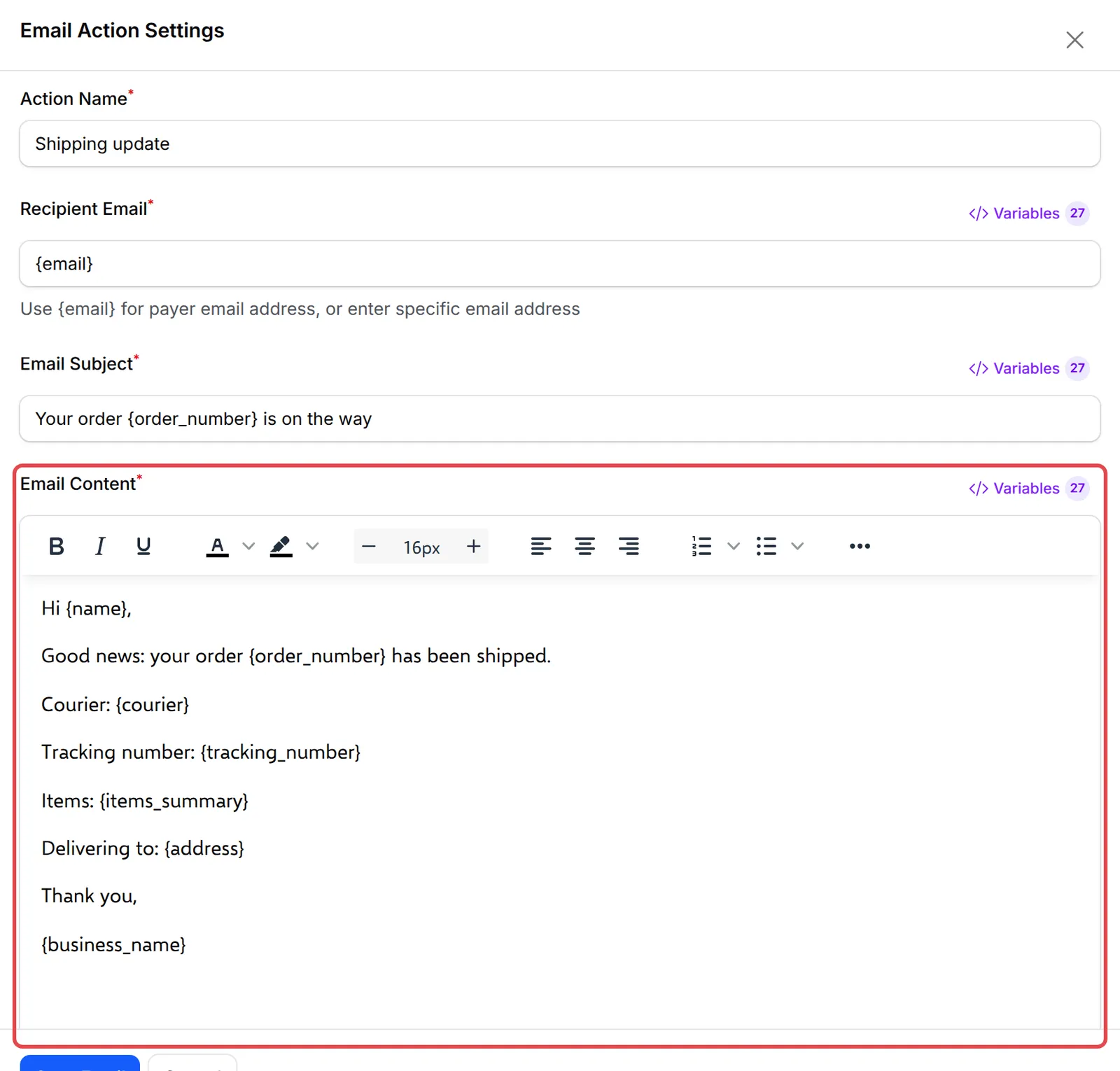 Email Action Settings with the courier and tracking number variables