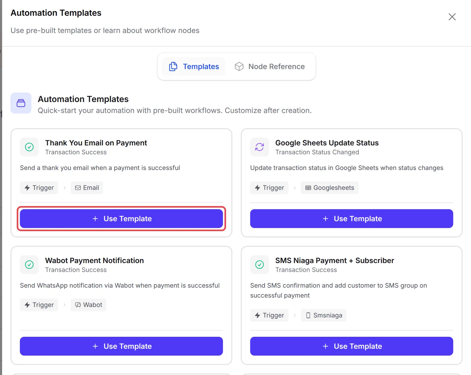 Automation Templates面板，Thank You Email on Payment上的Use Template已标示