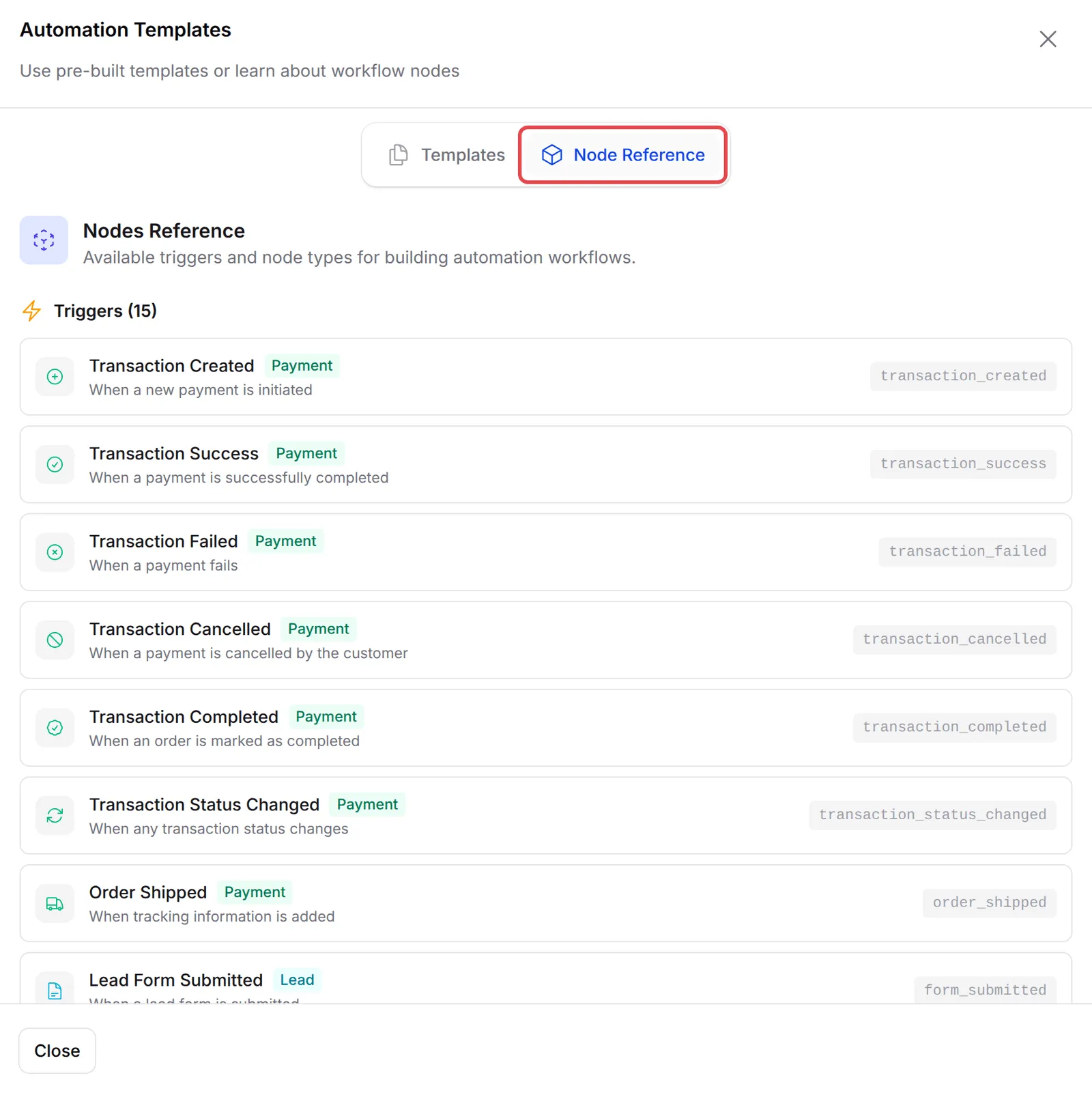 The Node Reference tab listing the available triggers
