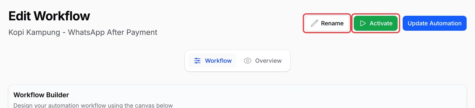 A new automation made from a template, with the Rename and Activate buttons highlighted