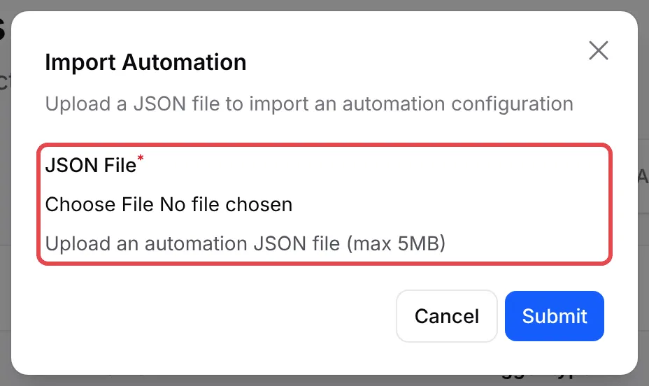 Import Automation对话框，JSON File栏位已标示