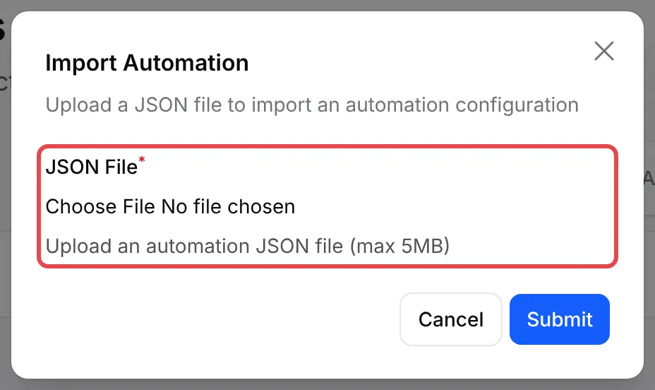 The Import Automation dialog with the JSON File field highlighted