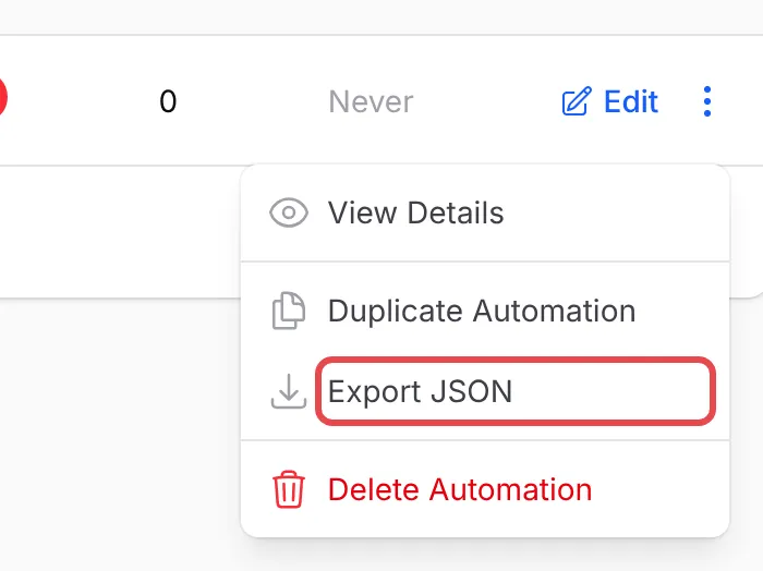 The row menu of an automation with Export JSON highlighted